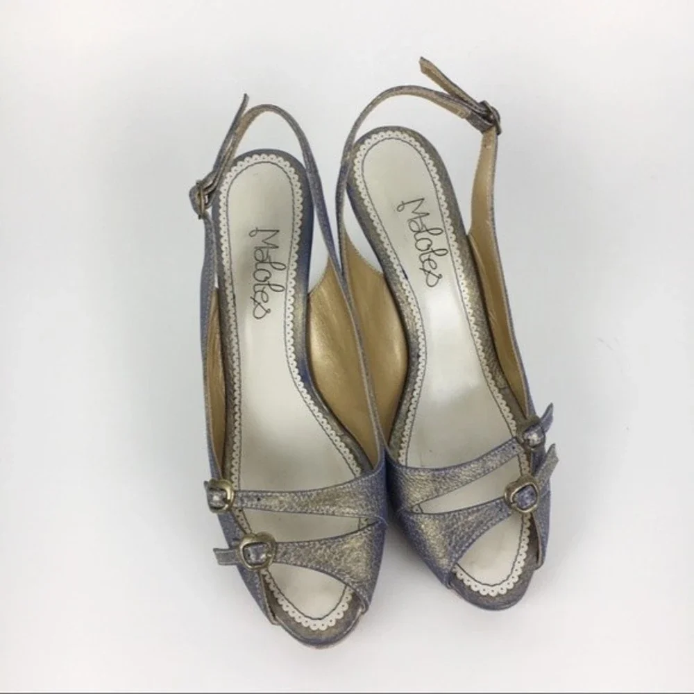 Maloles Womens 36 5.5 - 6 Purple Gold Metallic Leather Wedge Sandals Heels Shoes